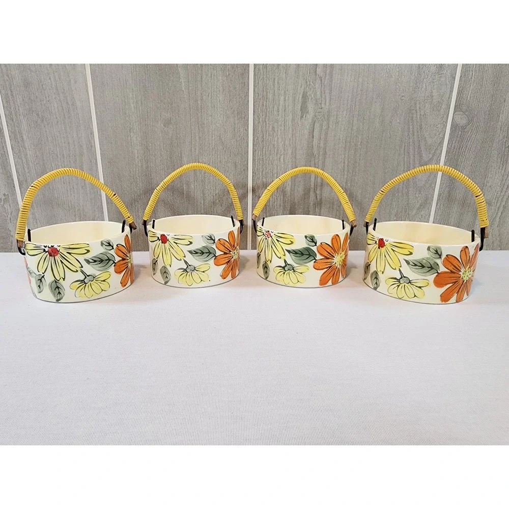 Vintage 60s Japan Floral Handled Basket Planter Set of 4 Hand Painted MCM Groovy